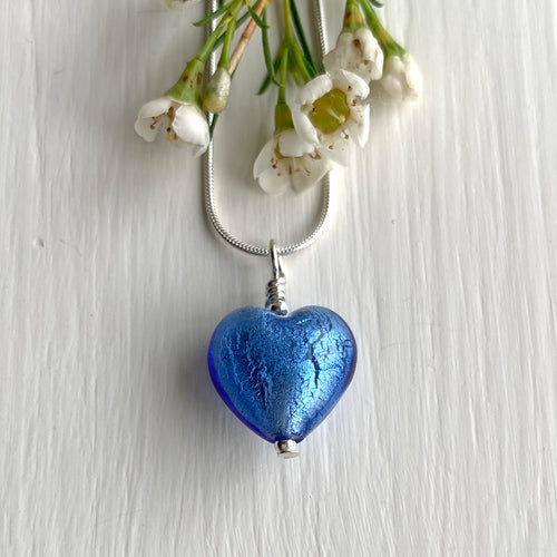 Necklace with cornflower blue Murano glass small heart pendant on silver snake chain