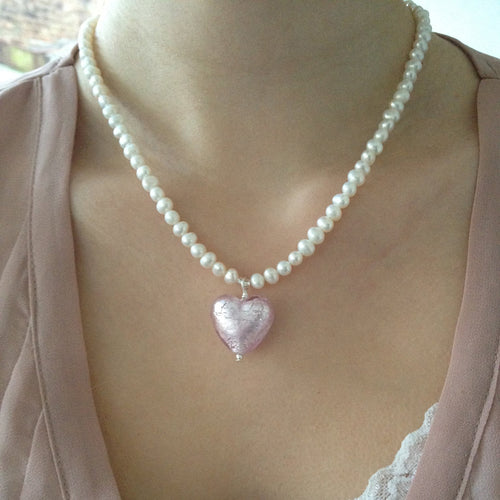 Necklace with light (pale) pink Murano glass medium heart pendant on white pearls