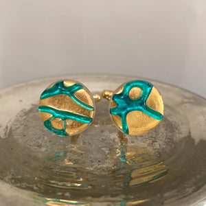 Cufflinks with teal (green) and gold Murano glass round flat beads on gold plated clasp