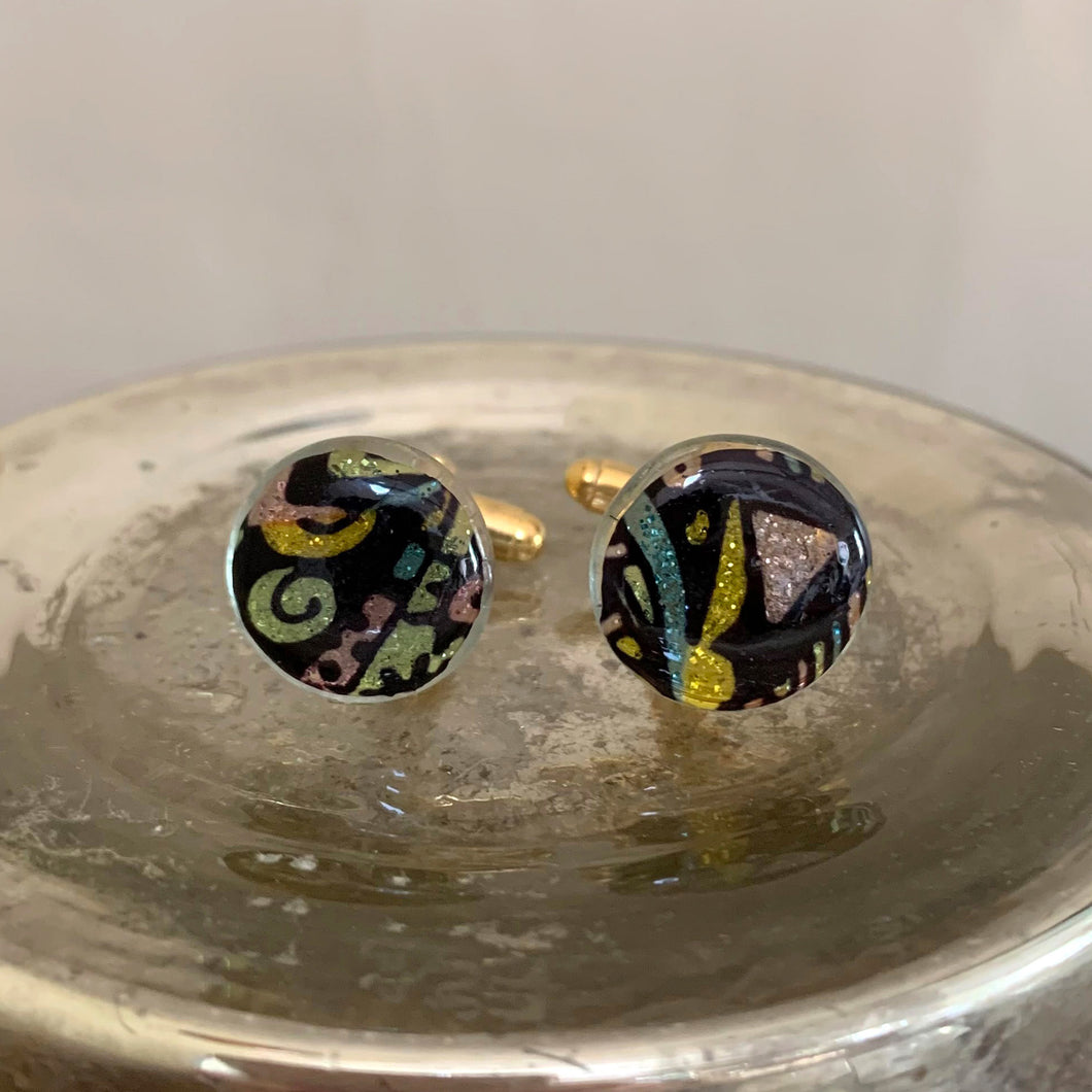 Cufflinks with funky colours, shapes, gold glitter Murano glass lentil beads on gold plated clasp