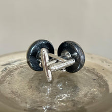 Cufflinks with silver and gold on black pastel Murano glass flat round bead on silver plated clasp