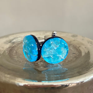 Cufflinks with turquoise (blue) dapple on silver Murano glass flat round bead on silver plated clasp