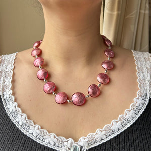 Necklace with rose pink (cerise, fuchsia) Murano glass medium lentil beads on silver