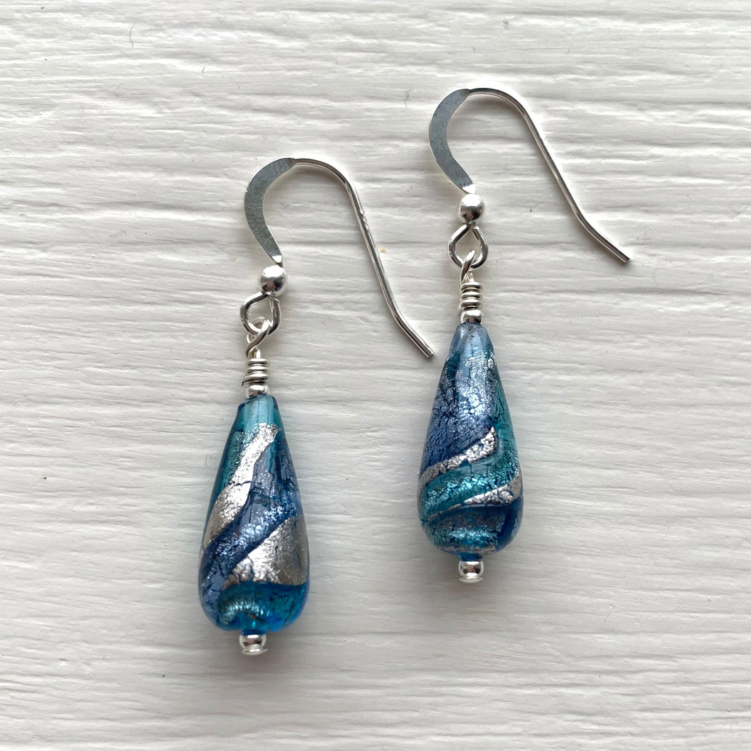 Earrings with turquoise and cornflower blue swirl over white gold Murano glass short pear drops