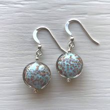 Earrings with light (pale) blue and aventurine Murano glass small lentil drops on silver or gold