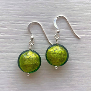 Earrings with olive green Murano glass small lentil drops on silver or gold shepherds hooks