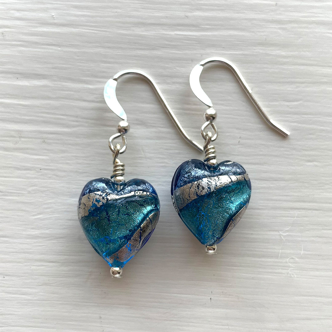 Earrings with turquoise and cornflower blue swirl over white gold Murano glass small heart drops