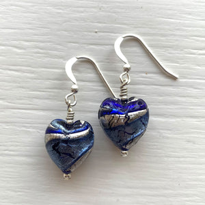 Earrings with dark blue and cornflower blue swirl over white gold Murano glass small heart drops
