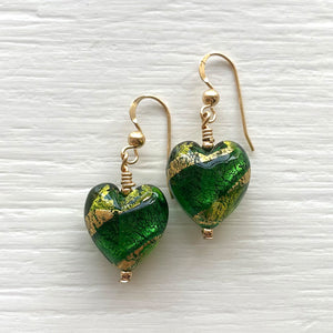 Earrings with light green and dark green swirl over gold Murano glass small heart drops