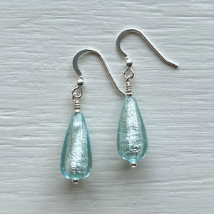 Earrings with aquamarine (blue) Murano glass short pear drops on silver or gold hooks