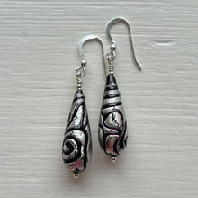 Earrings with black pastel appliqué Aztec over white gold Murano glass long pear drops