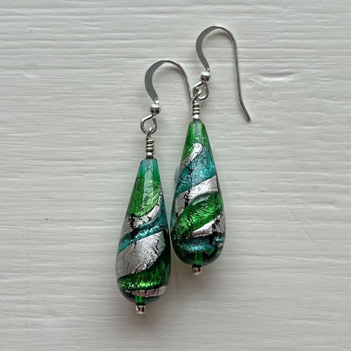 Earrings with teal (jade) and dark green swirl over white gold Murano glass long pear drops
