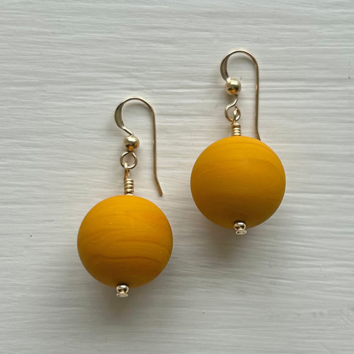 Earrings with matt yellow ochre Murano glass medium sphere drops on silver or gold