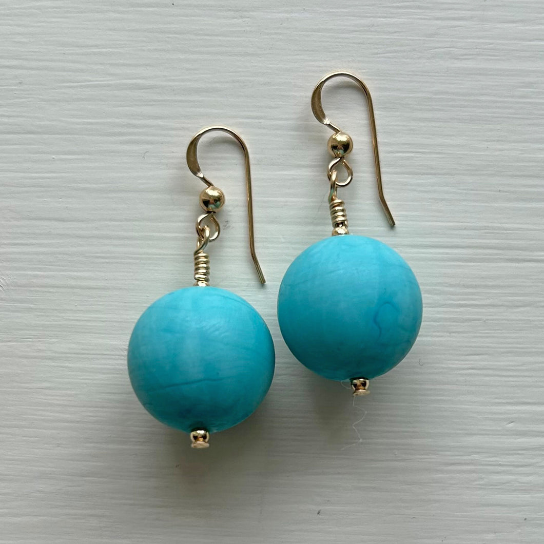 Earrings with matt turquoise Murano glass medium sphere drops on silver or gold