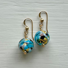 Earrings with aquamarine and turquoise carnival and gold Murano glass small sphere drops