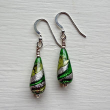Earrings with light and dark green swirl over white gold Murano glass short pear drops
