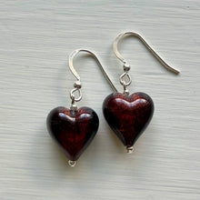 Earrings with brown (chocolate) Murano glass small heart drops on silver or gold hooks
