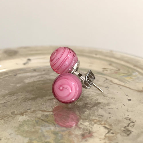 Earrings with raspberry ripple (pink) Murano glass sphere studs on surgical steel posts