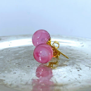 Earrings with pink alabaster Murano glass sphere studs on gold plated posts