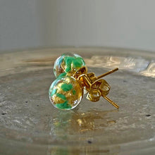 Earrings with green pastel, aventurine and gold Murano glass sphere studs on gold plated posts