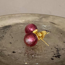 Earrings with fuchsia Murano glass sphere studs on gold plated posts