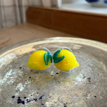 Earrings with yellow Murano glass novelty lemon studs on surgical steel posts
