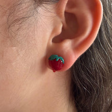 Earrings with red Murano glass novelty strawberry studs on surgical steel posts