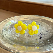 Earrings with yellow Murano glass novelty flower studs on surgical steel posts