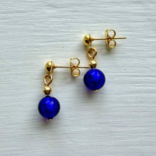Earrings with dark blue (cobalt) Murano glass sphere stud drops on gold plated posts
