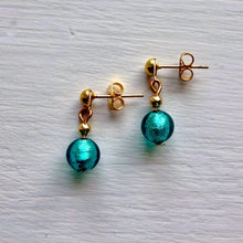 Earrings with teal (green, jade) Murano glass sphere stud drops on gold plated posts