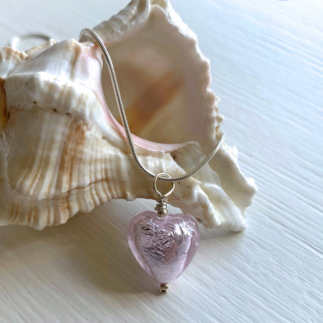 Necklace with light (pale) pink Murano glass small heart pendant on silver chain