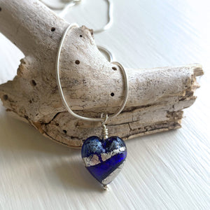 Necklace with dark blue and cornflower swirl Murano glass small heart pendant on silver chain