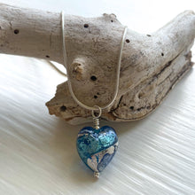Necklace with turquoise and cornfower blue swirl Murano glass small heart pendant on silver chain