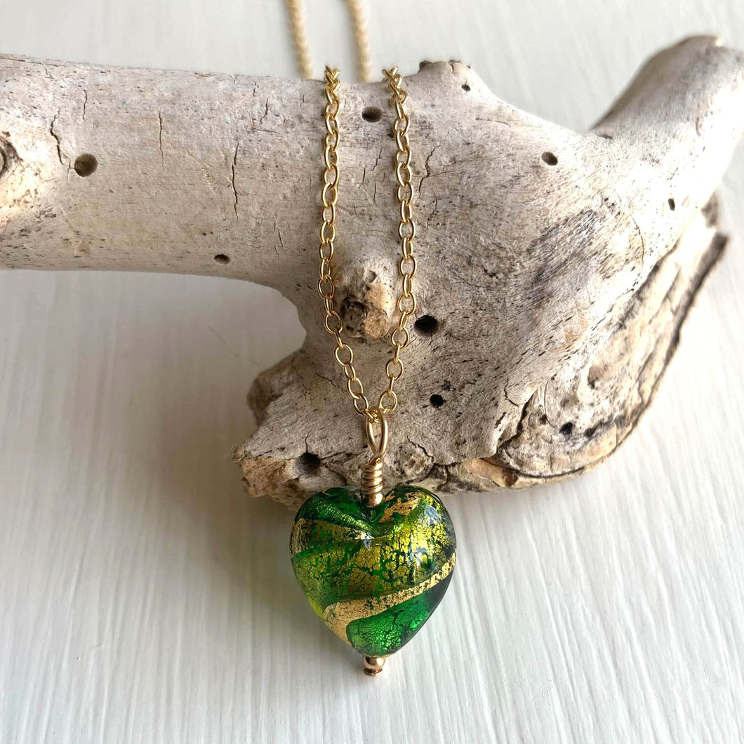 Necklace with light green and dark green swirl Murano glass small heart pendant on gold chain