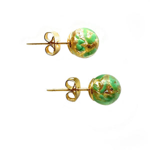 Earrings with green pastel, aventurine and gold Murano glass sphere studs on gold plated posts