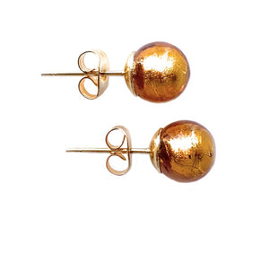 Earrings with gold topaz (amber, brown) Murano glass sphere studs on gold plated posts