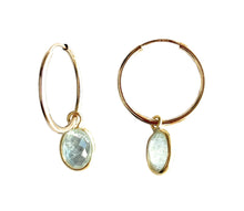 Gemstone earrings with aquamarine (blue) oval crystal drops on gold small hoops