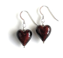 Earrings with brown (chocolate) Murano glass small heart drops on silver or gold hooks