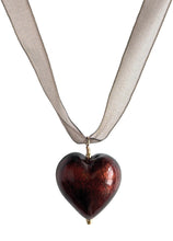 Necklace with brown (chocolate) Murano glass large heart pendant on organza ribbon