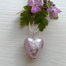 Necklace with light (pale) pink Murano glass medium heart pendant on silver chain
