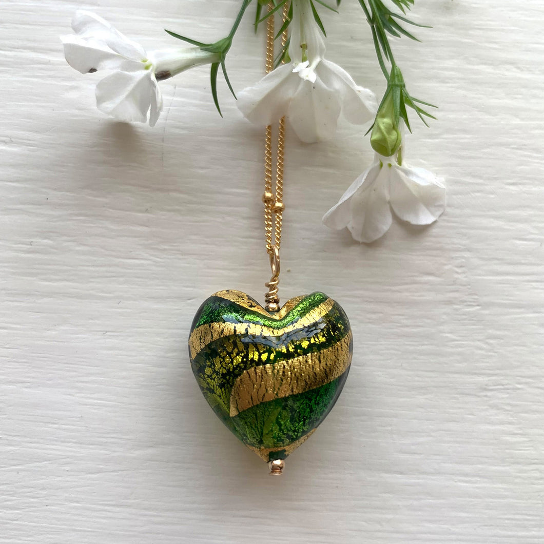 Necklace with light green and dark green swirl Murano glass medium heart pendant on gold chain