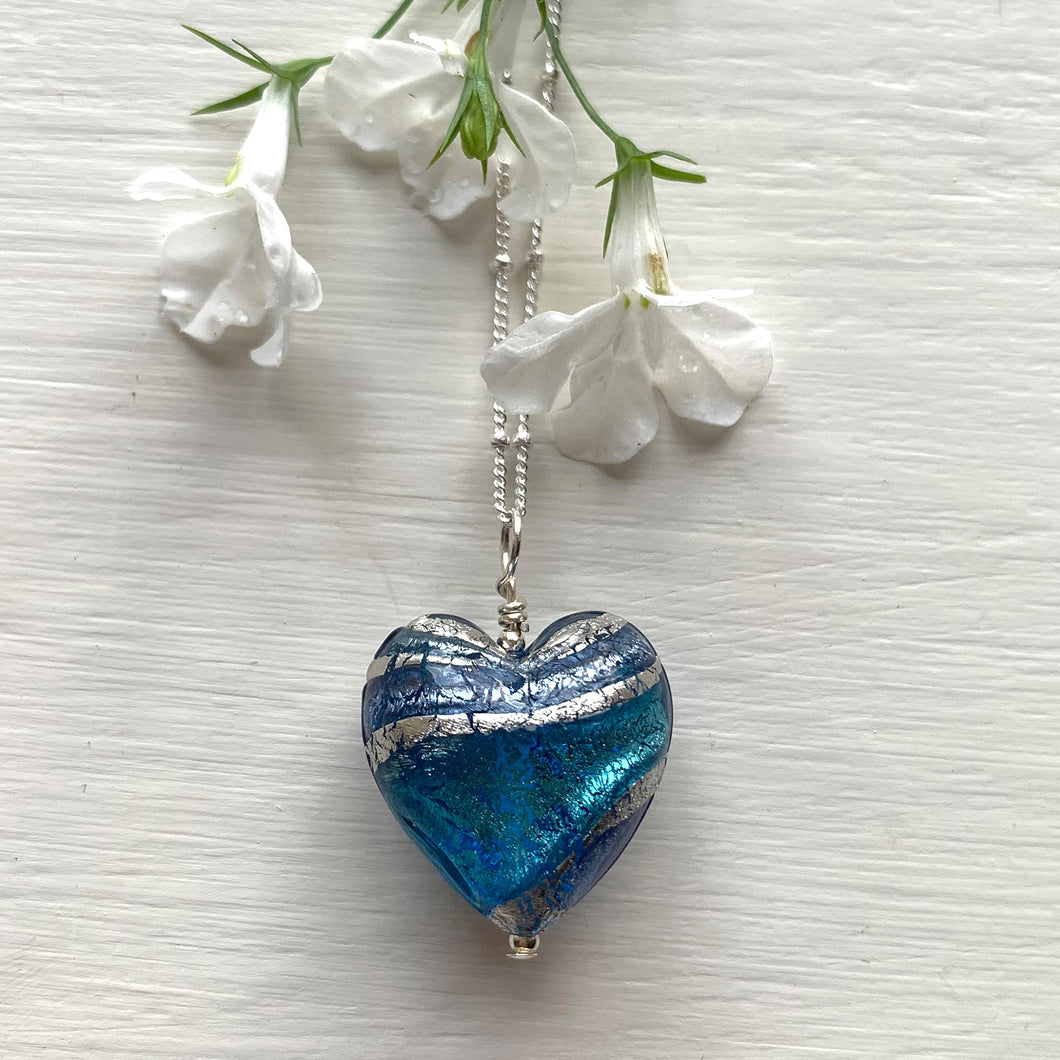 Necklace with turquoise and cornflower blue swirl Murano glass medium heart pendant on silver chain