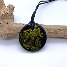 Necklace with green swirl Murano glass large flat pendant on suede
