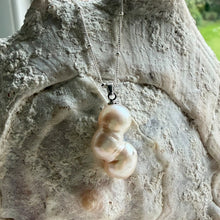 Necklace with large white triple conjoined twist pearl & diamante pendant on silver satellite chain