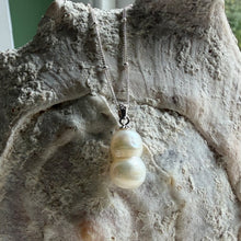 Necklace with medium white baroque double conjoined pearl pendant on silver satellite chain
