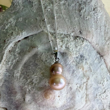 Necklace with medium pink baroque double conjoined pearl pendant on silver satellite chain