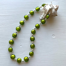 Necklace with olive green Murano glass small lentil beads on silver