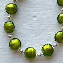 Necklace with olive green Murano glass small lentil beads on silver