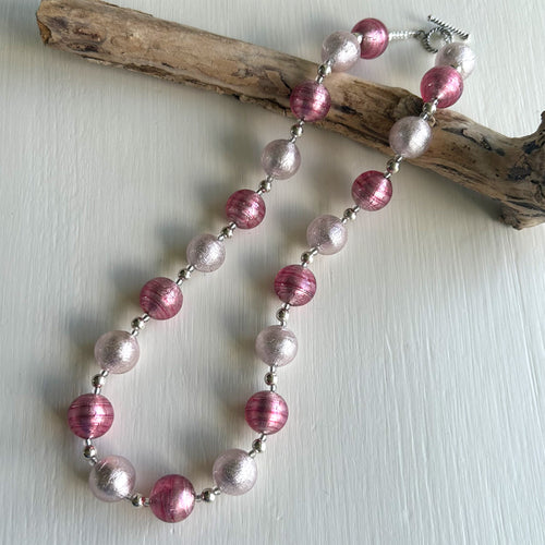 Necklace with light (pale) pink and rose (fuchsia) pink Murano glass small sphere beads on silver