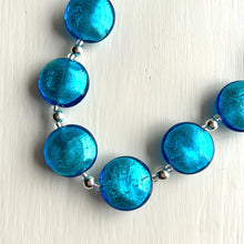 Necklace with turquoise (blue) Murano glass medium (20mm wide) lentil beads on silver